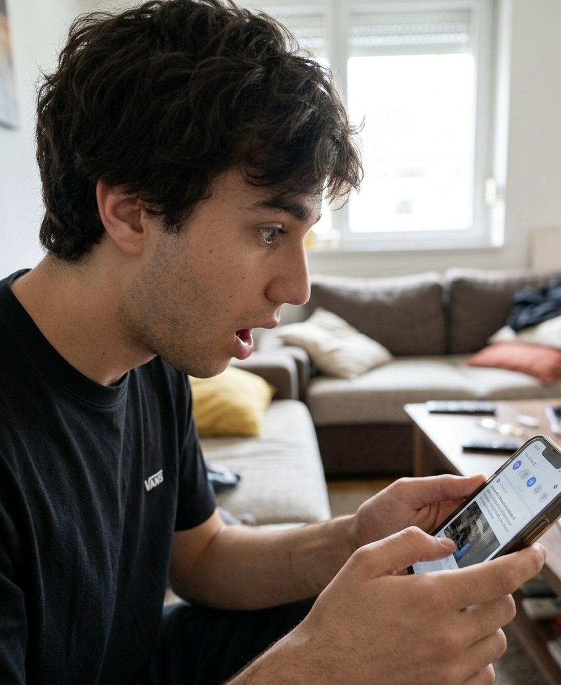 Jovem surpreso olhando para o celular na sala